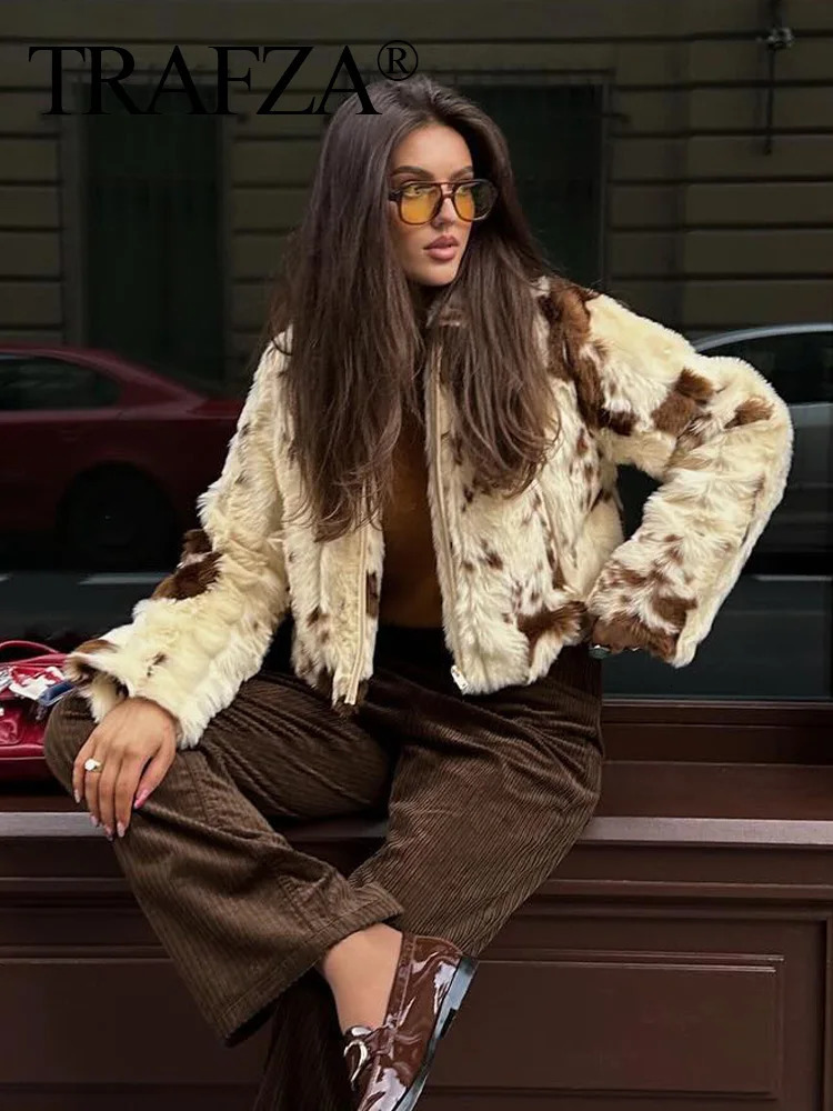 TRAFZA Women Casual Faux Fur Lapel Jacket Fashion Cow Print Autumn Winter Crop Zipper Coat Female Long Sleeve Fluffy Outwear 241212