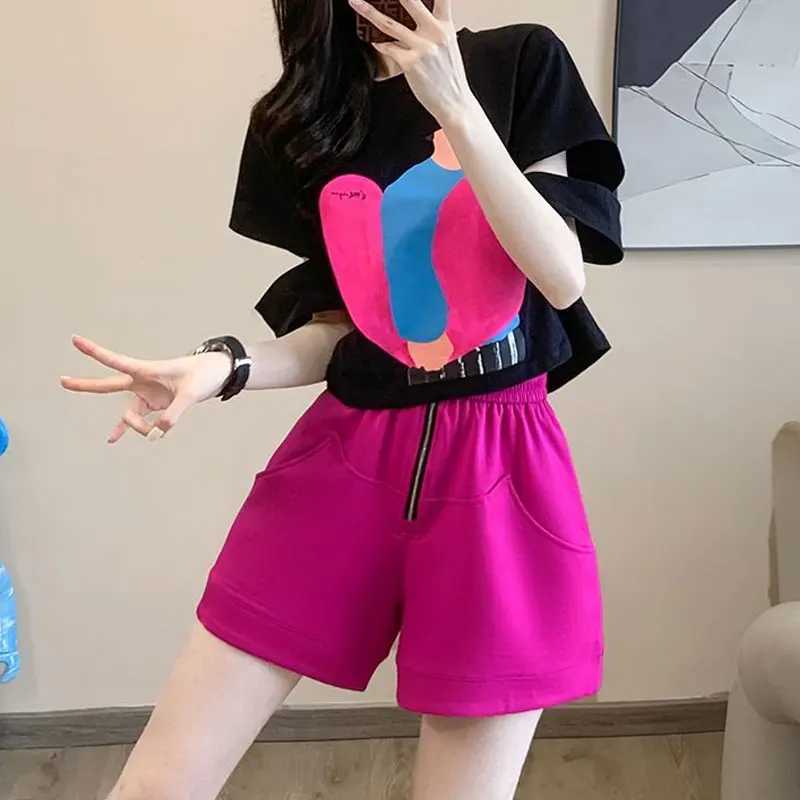 Women's Two Piece Pants Short Slve Pullovers O-neck Short Sets Solid Color Hollow Out Fashion Loose Zipper Elastic Waist Womens Clothing Simplici