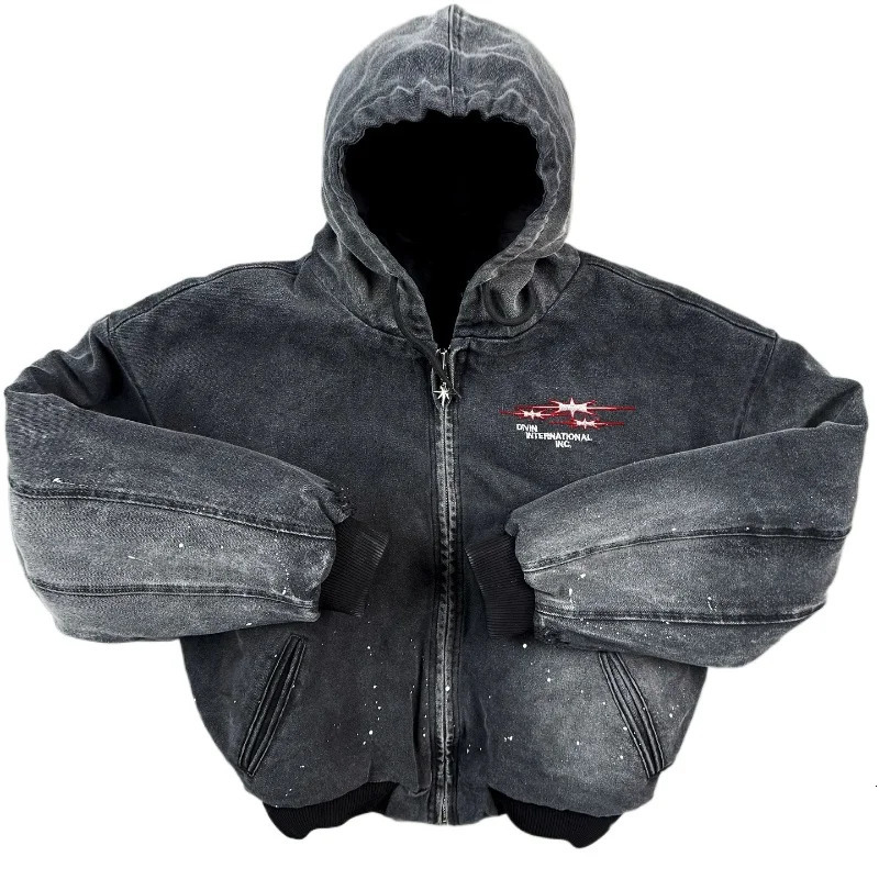 Y2k retro washed streetwear mens hooded sweatshirt embroidered with splashed ink casual men and women zipper 241212