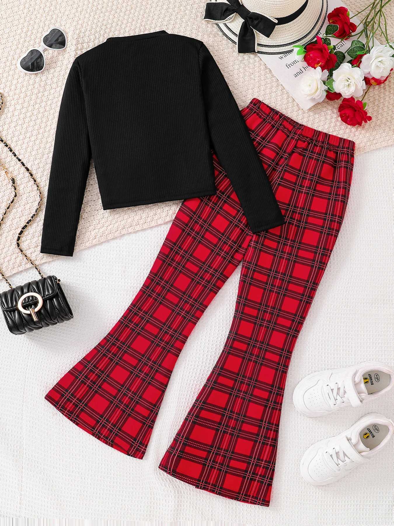 Childrens clothing girls autumn fashion set knitted round neck long sleeved+red checkered wide leg pants 2-piece set W241213