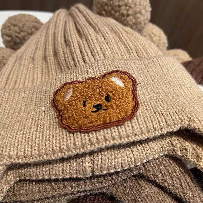 Cute Bear Beanie Caps Baby Girls Winter Warm Knitted Ear Protection Earmuffs Bonnet Hat Kids Pompom Bonnet HatsXJ241213