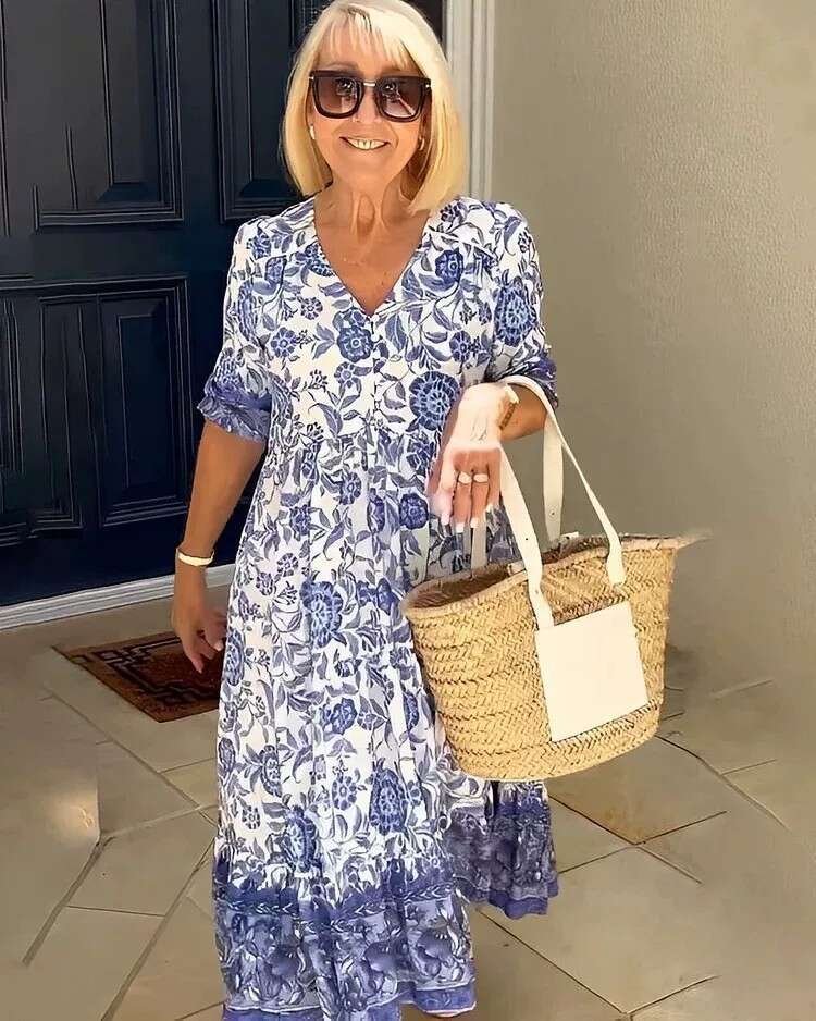 Temperament Commuting V-Neck Short Sleeved Ral Tie Printed Loose Long Dress