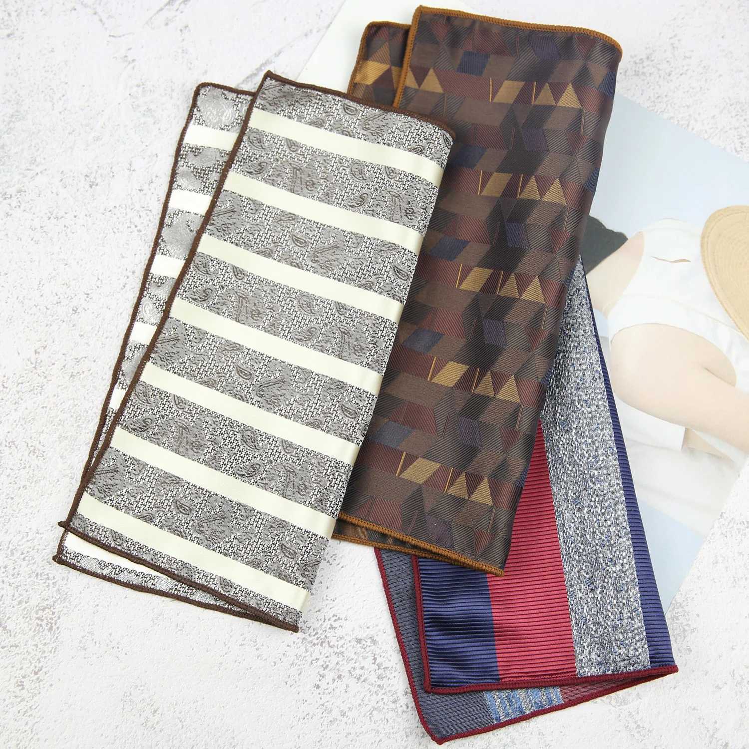 23cm Fashion Polyester Mens Pocket Square Striped Paisley Grey Handkerchief Formal Suit Tie Pocket Chest Scarf Shirt Hanky W241213