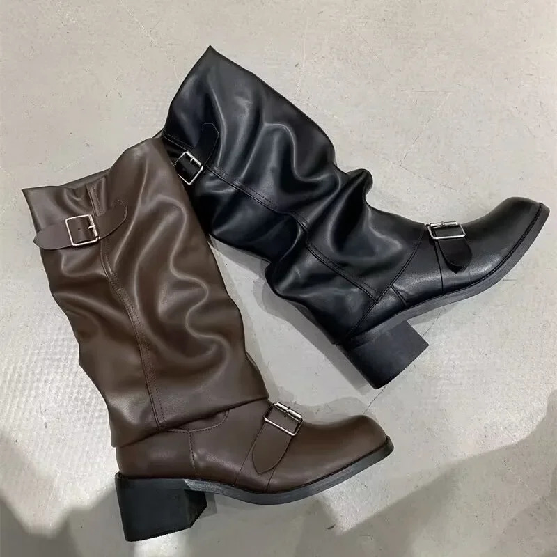 Womens boots knee high platform thick high heels trend punk gothic rock leather fashion womens shoes motorcycle shoes Q221 241213