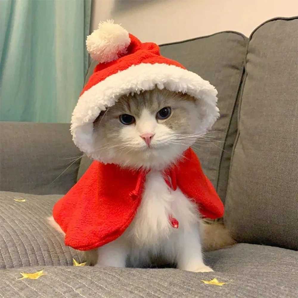 Scarves Wraps Funny Cat Christmas Costume Cosplay Props Pet Christmas Cape Dress Up Clothes Warm Red Scarf Cloak With Hat Pet Accessories H241213