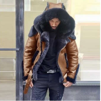 Men's Faux Leather And Plush Thickened Fur One-Piece Short Zipper Hooded Men's Coat