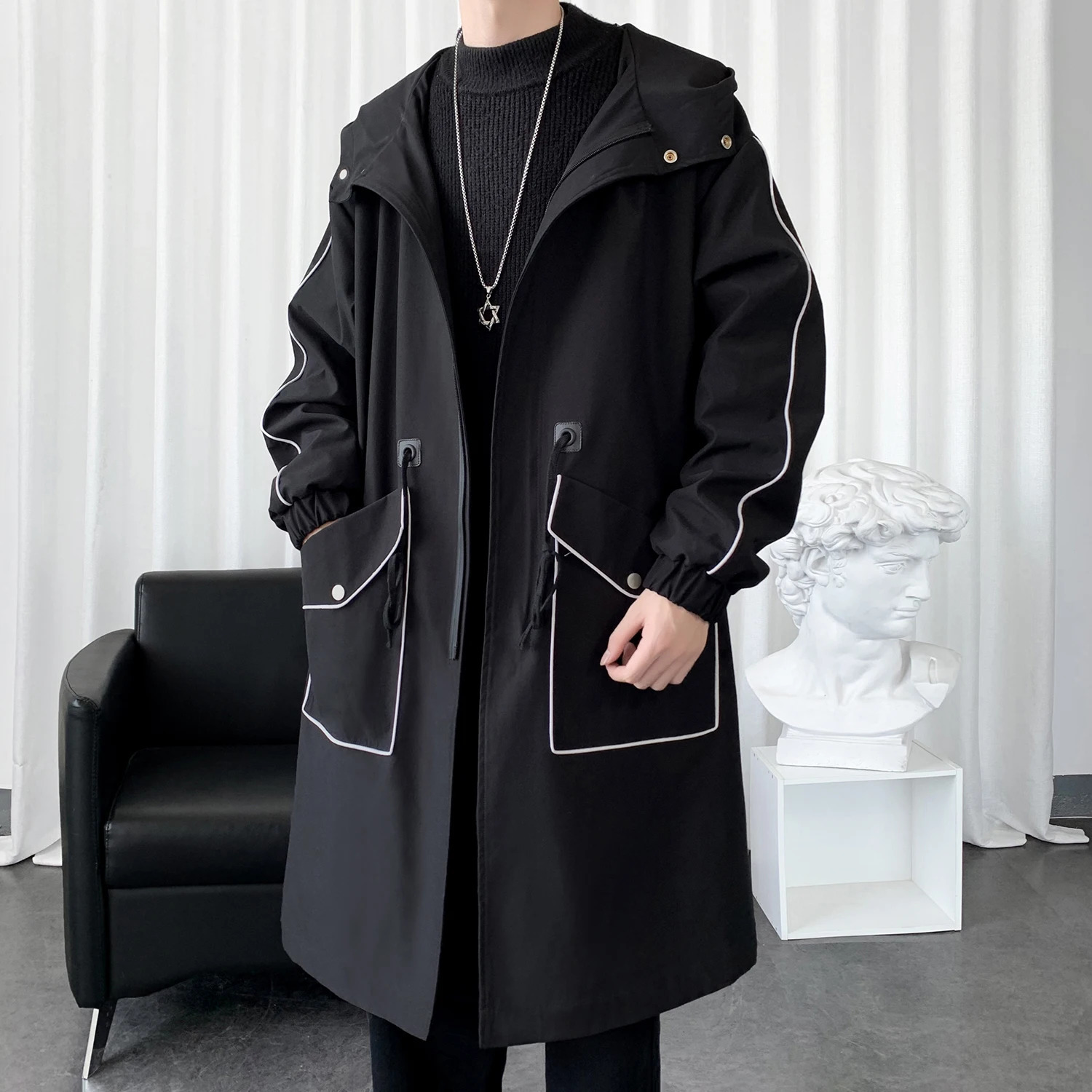 Males Long Windbreaker Hooded Trench Coat Contrasting Loose Oversized Jacket Patchwork Casual Tops Pocket Waistband Man Clothing 241213