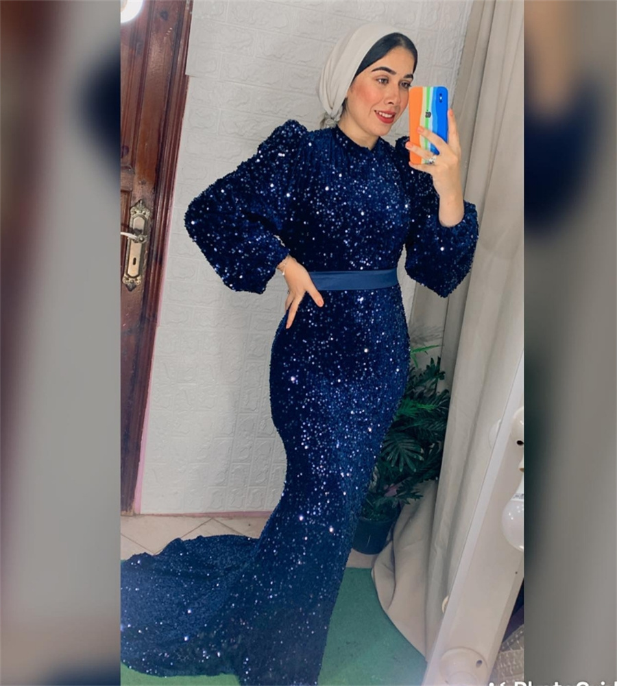 Sparkly Blue Sequin Evening Dress High Neck Long Sleeve Mermaid Prom Dresses Arabic Dubai Formal Birthday Party Gown Special Occasion Dance Dinner Dre