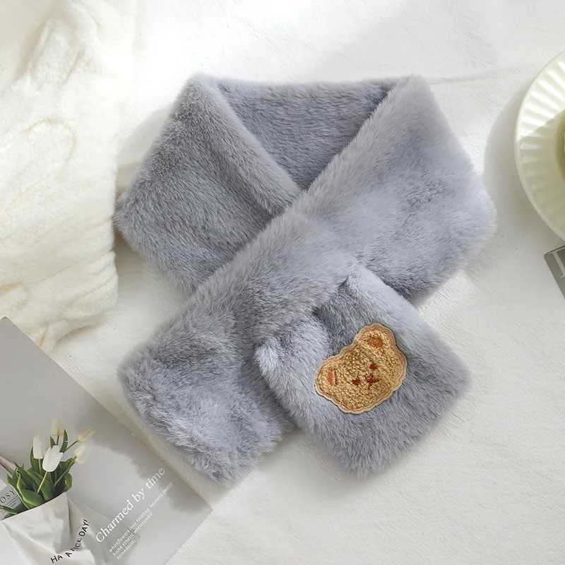 Scarves Wraps Cute Bear Embroidered Baby Scarf Winter Warm Plush Toddler Neckerchief Korean Cartoon Imitation Rabbit Fur Kids Scarves H241213