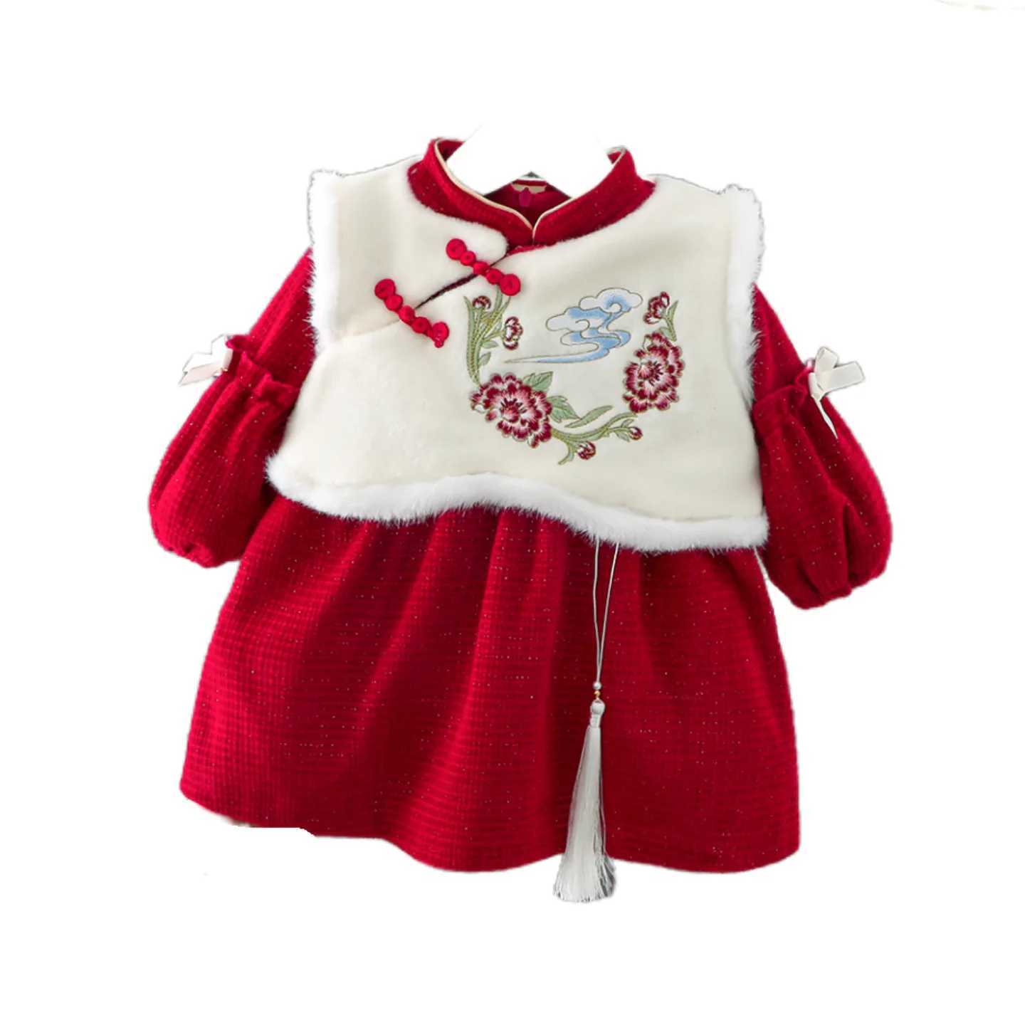 Childrens Winter New Year Thick Set Dress+Tank Top Cotton Childrens Round Neck Dragon Embroidered Tang Costume Girl China W241213