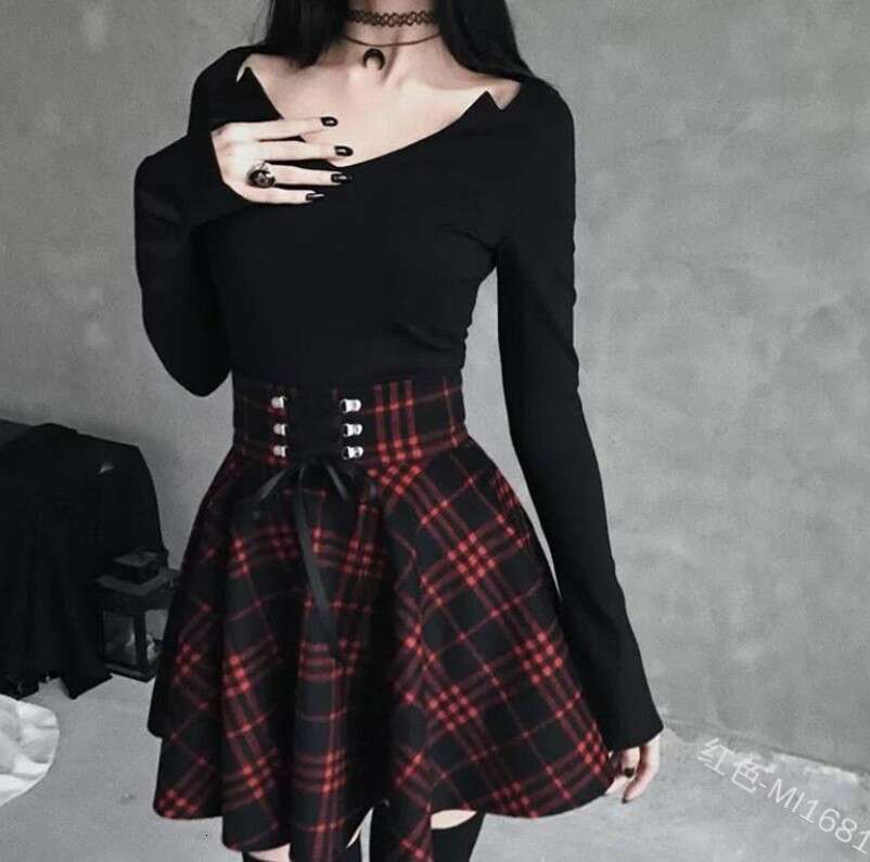 High School Fresh College Style Women's Checkered Irregular With Woven Straps, Waist Cinching And Slimming Effect, Large Skirt Skirt, Fashionable