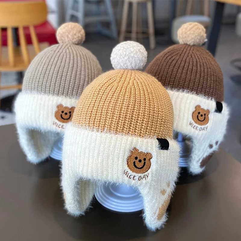 Children Plush Earmuffs Cap 1-6year Kids Winter Warm Knitted Hat Korean Baby Bear Beanie Pompom Ball Toddler Ear Protection CapsXJ241213