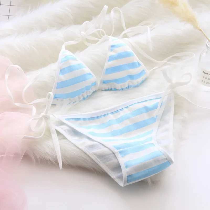 Japan Sexy Lingerie Lolita Kawaii Blue White Striped Mini Bikini Adult Cosplay Women Bra Underwear Set Frenum SwimsuitXJ241212
