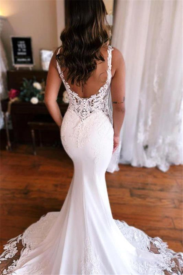 Gorgeous Lace Mermaid wedding Dresses sexy Open Back Spaghetti Straps Long Bridal Gowns western Country Wedding Robes BC16968