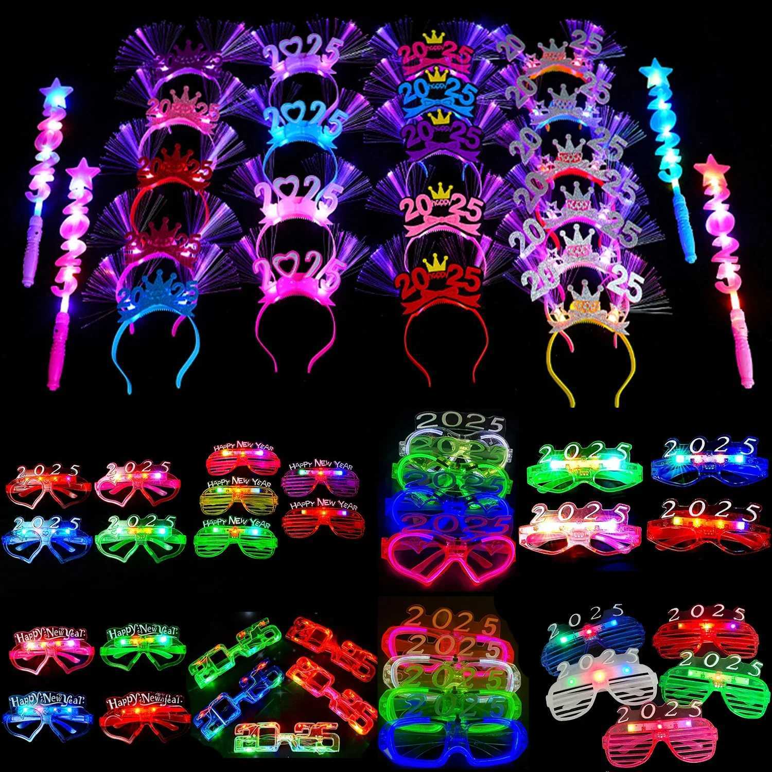 Sunglasses 2025 Happy New Year LED Light Up Headband Glow Hairband Flashing Glasses Women Men Kids Adults Christmas New Year Party Supplies H241213