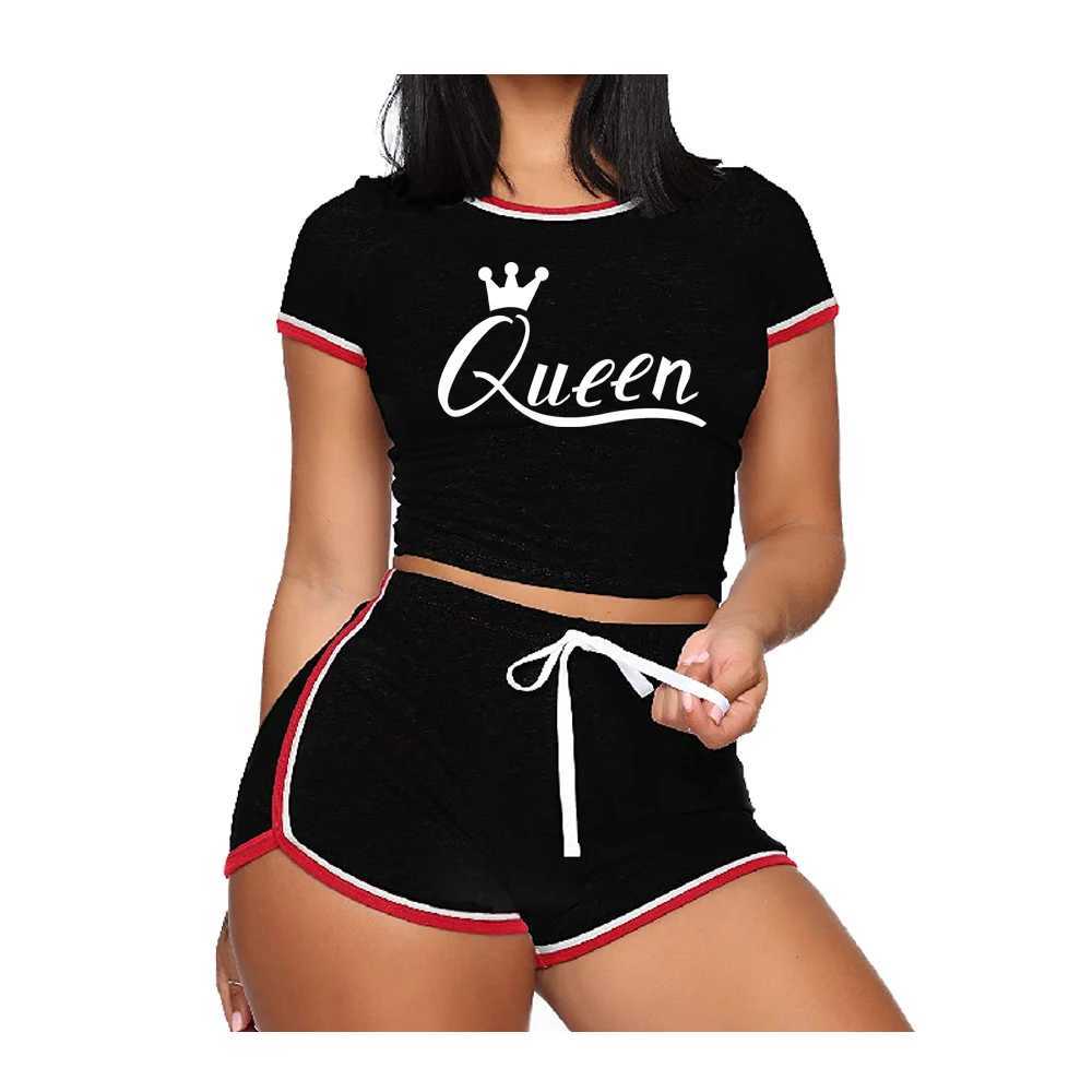 Women's Two Piece Pants Women Qun Print Sport 2 Pcs Set Women Crop Top Shirt Leggings Shorts Sportsuit Wear Workout Outfit Fitness Gym Clothes Y2