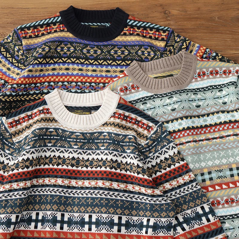 Autumn And Winter British Vintage Jacquard Fair Isle Mens Pullover Oneck Long Sleeve Sweater Loose Fashion Casual Knitwear 241213