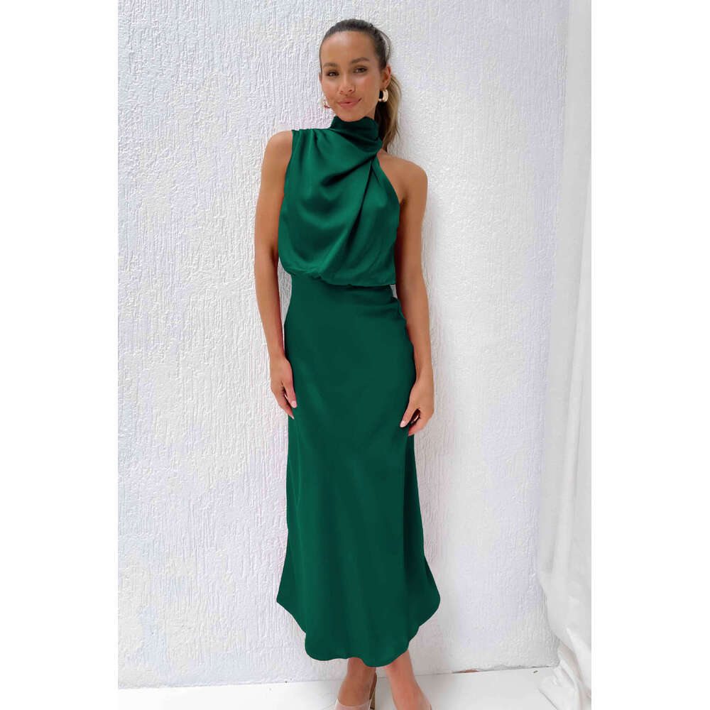 European American Spring And Summer New Women's Clothing Solid Color High-End Feeg Satin Sleeveless Elegant Temperament Dress Fashionable Quality
