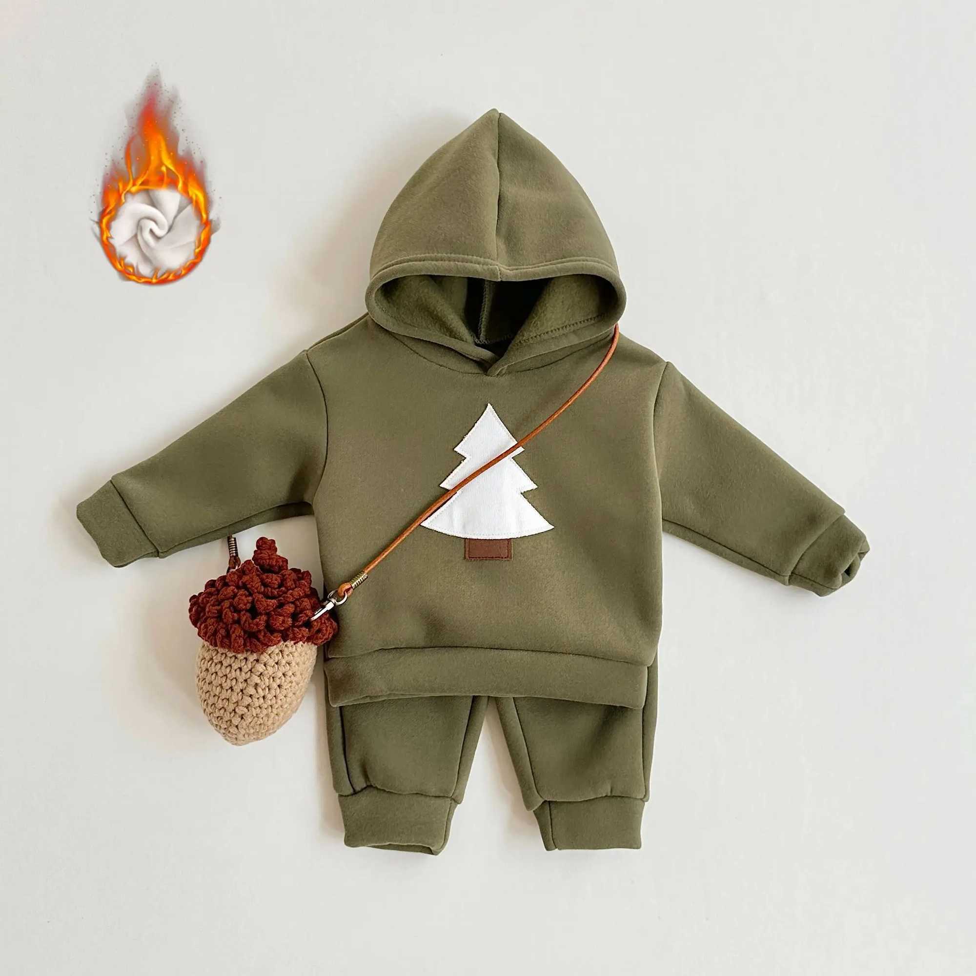 Winter baby clothing set hooded track set Christmas tree boy childrens clothing girl thick plush winter warm cotton jacket set W241213