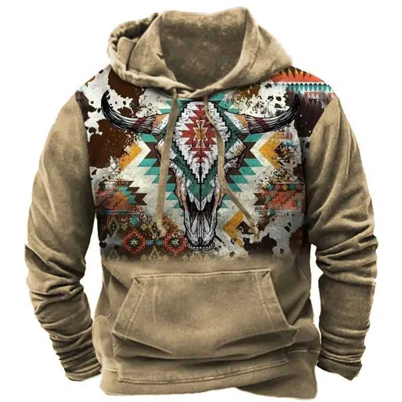 North American Demon Wendigo Printed Hoodie Western Cowboy Hoodie Sportswear Daily Casual Over Floral Retro Streetwear W250108