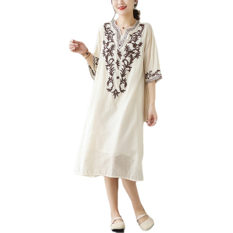 G826 Real shot linen embroidered dress summer loose large size short-sleeved cotton and linen bottoming skirt women's mid-length