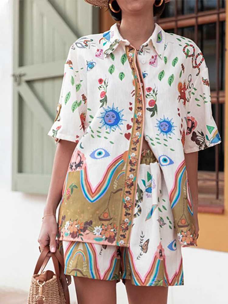 Women's Two Piece Pants Print Short Suits Women Fashion Turn Down Collar Half Slve Female Shirt Two Piece Sets Loose Pants Summer Beach Party Vac