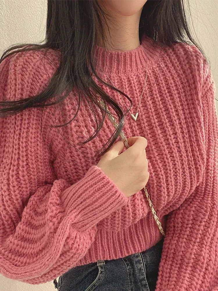 Knitted Sweater Pullovers n Cute Sweet Japan Girls Solid O Neck Short Crop Knit Tops 4 Colors 2024 Winter Autumn 241203