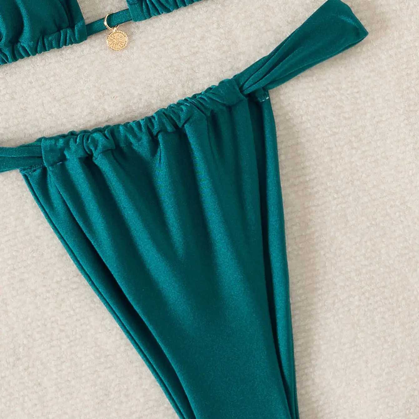 Green Drawstring Bikini Set Tie Straps Tong Triang Pad Bra Sexy Swimming Suit Fa Strip SwimwearXJ241212