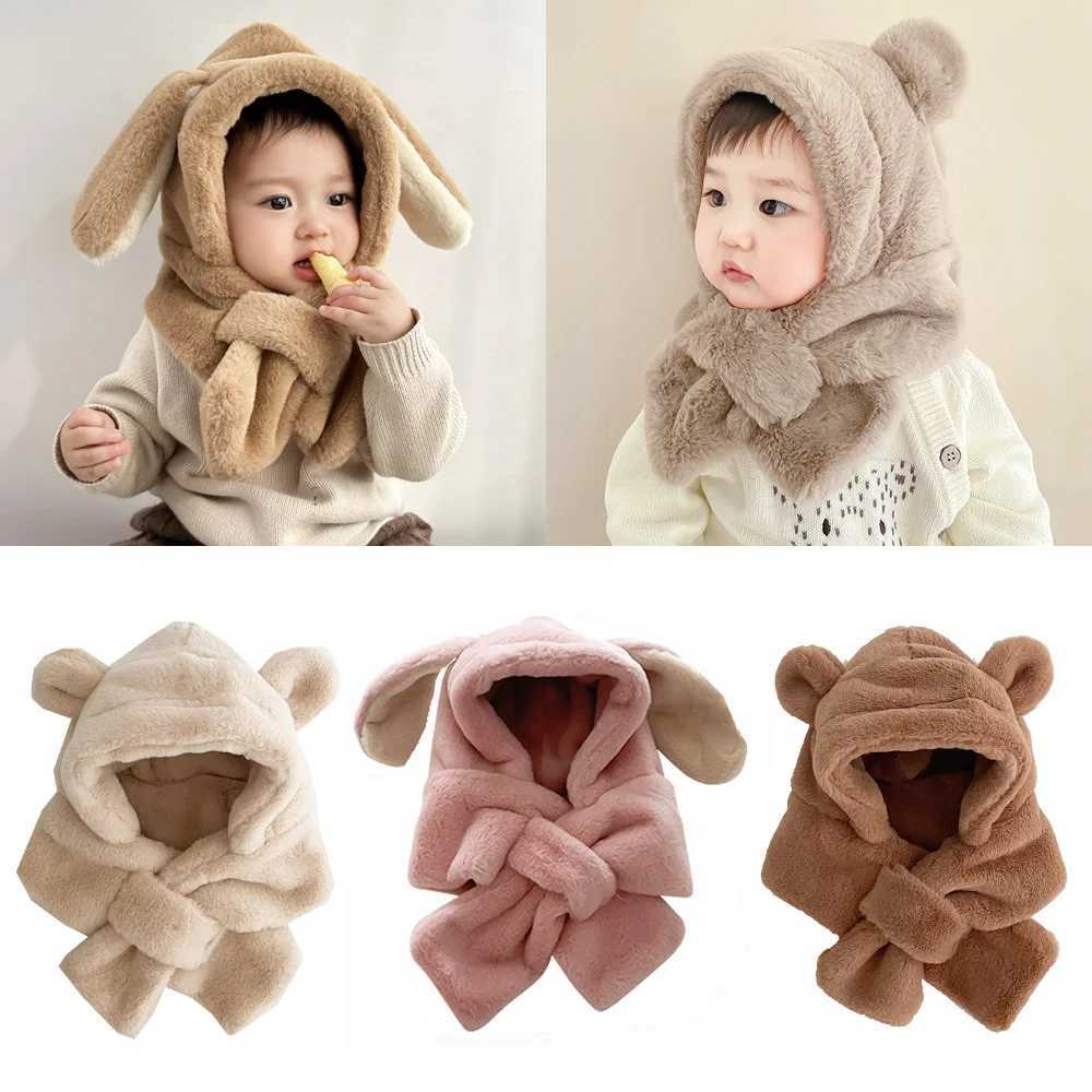Faux Fur Baby Winter Hat Scarf One-Piece Bunny Bear Baby Bonnet Infant Beanie Warm Kids Cap for Girls Boys Toddler AccessoriesXJ241213