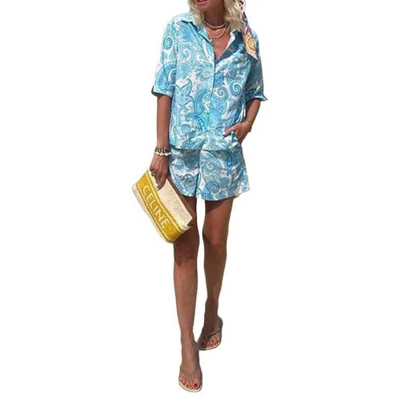 Women's Two Piece Pants Ladies Spring And Summer Fashion Printed Vacation Short Slve Collar Single Breasted Shirt Shorts Pocket Casual Two Piece 