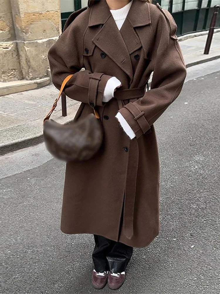Elegant Woolen Women Long Coat With Belts Solid Double Breasted Turndown Collar Casual Lady Autumn Vintage Outwear 241213