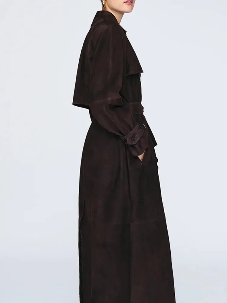 Winter Brown Suede Leather Overcoats Oversized Lapel Buttons Womens Long Coats Autumn Female Chic High Street Outwear 241213
