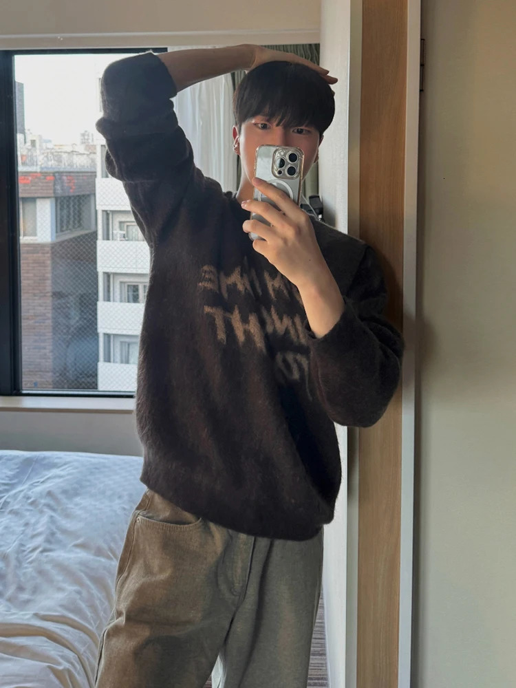 Korean Style Mens Mohair Sweaters Casual Round Collar Letter Print Loose Pullover Tops Trendy Male Knits Winter 241213