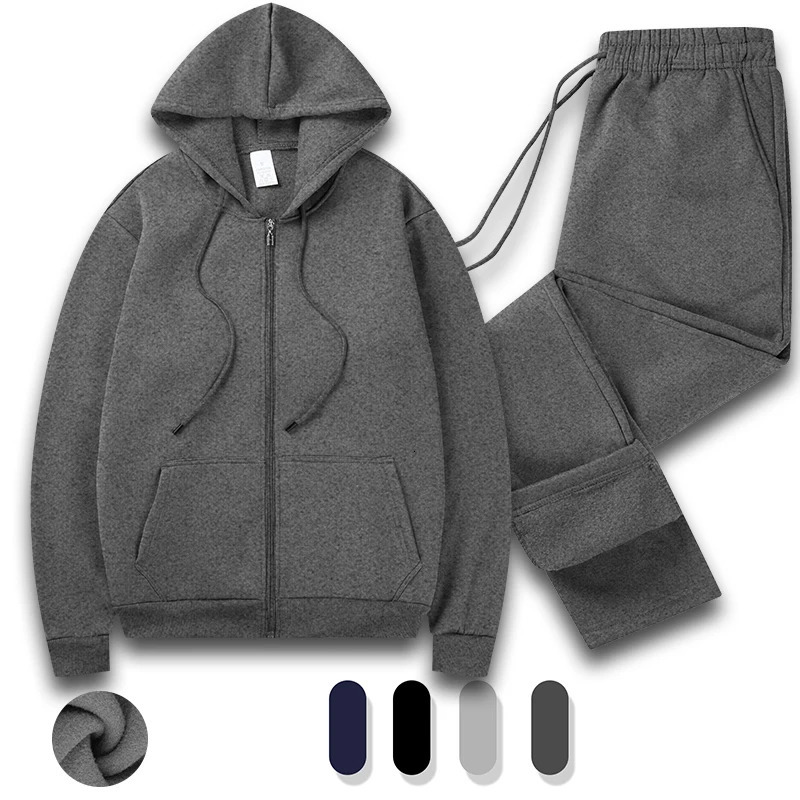 Mens track style sportswear 2piece hooded sweatshirt jogging full zip warm suit 241211