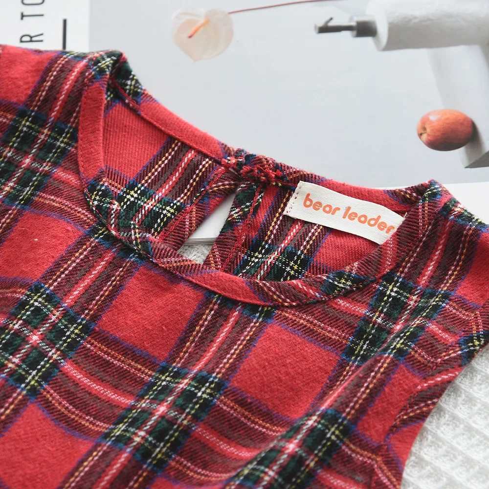 3-7 Years Girls Christmas Sets Bow Knitted Cardigan Coat and Red Plaid Print Vest Dresses 2Pcs Casual New Years Kids Clothes W241213