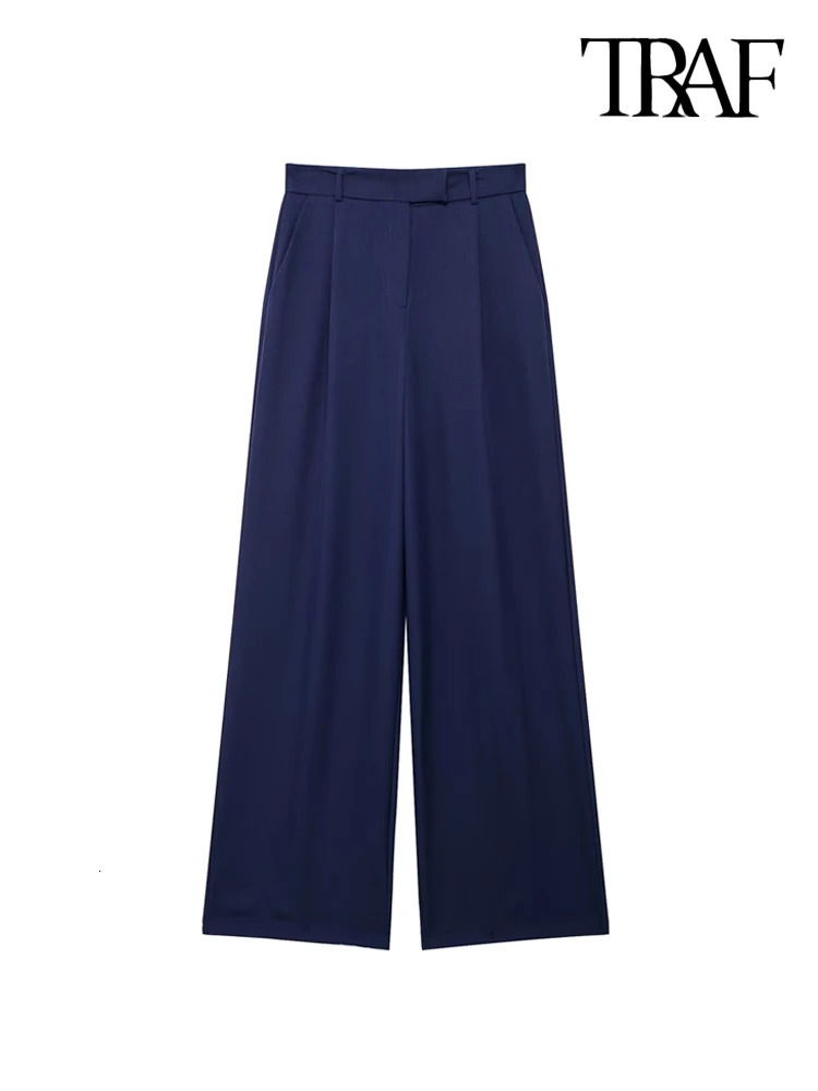 TRAF Women Fashion With Darts Front Pockets Wide Leg Pants Vintage High Waist Zipper Fly Female Trousers Mujer 241203Z