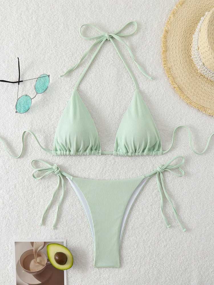 Pit Stripe Fabric Women Halter Bikini 11 Colors Hanging Neck Swimsuit Lace Up Sexy ss Brazilian Beach Bathing Suit 2025XJ241212