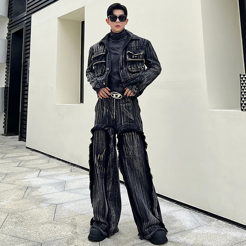 LUZHEN Denim Trendy Set Two Pieces Hand Dyed Painted Men Fashion Big Pockets Short Jacket Straight Wide Leg Jeans Autumn 63d806 241213