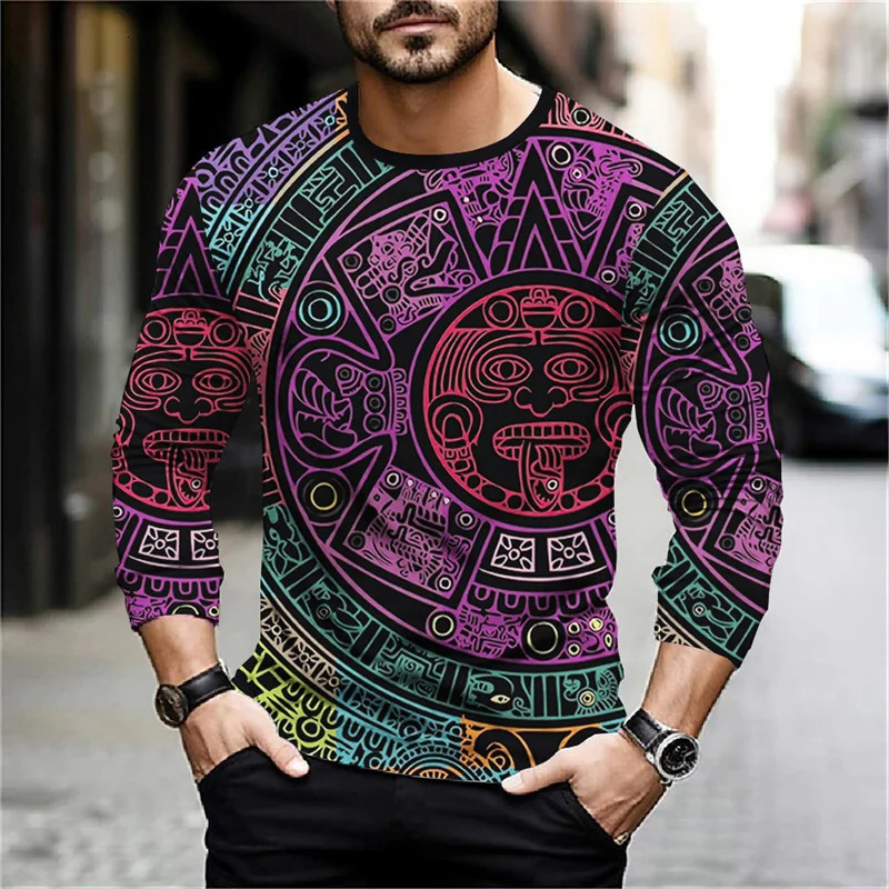 2024 Mexico Aztec Graphic T Shirts For Men Vintage 3d Printed Long Sleeve Tees Street Hip Hop Oversized TShirt Mens Clothing 241213