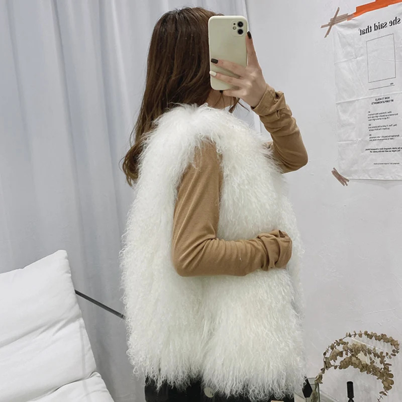 11 color ious thick warm Mongolian sheepskin vest womens winter Vneck sexy wool fur coat 241212
