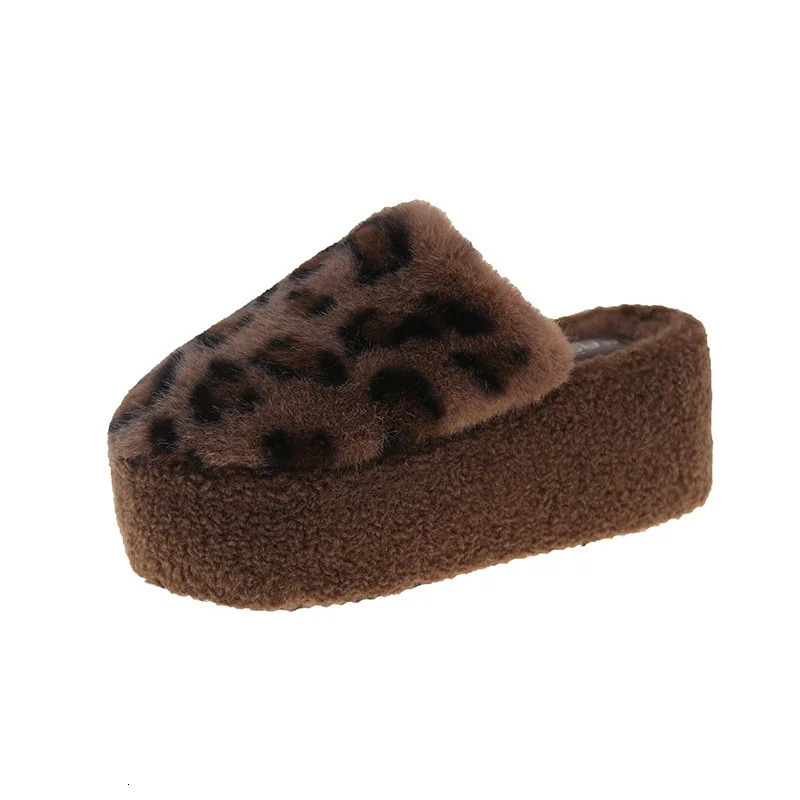 Women Fur Platform Slides Leopard Print Thick Women Shoes Slippers Winter Trend Plush Warm Outdoor Flip Flop Snow Womens Boots 241213