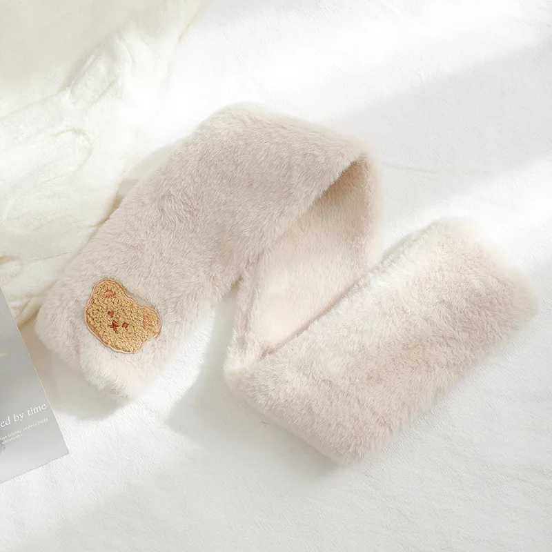 Scarves Wraps Cute Bear Embroidered Baby Scarf Winter Warm Plush Toddler Neckerchief Korean Cartoon Imitation Rabbit Fur Kids Scarves H241213