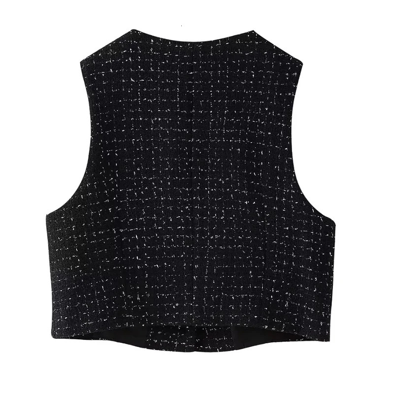 TRAF Plaid Womens twopiece sleeveless vest jacket with coarse tweed 2piece black mini leather pants autumn casual set 241211