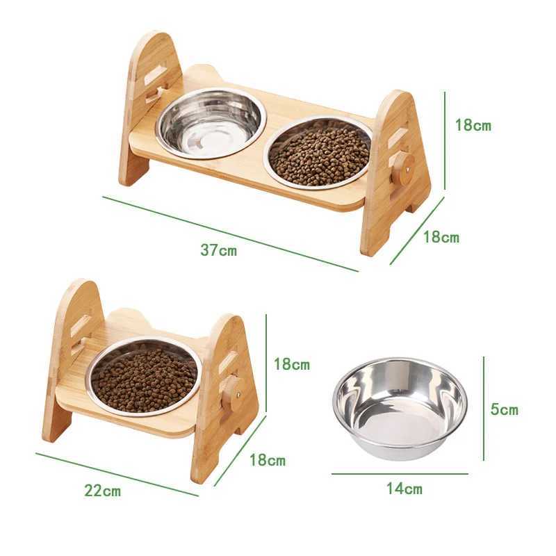 Cat Feeders Bamboo Elevated Puppy Cat Bowls with Stand Adjustable RaisedCat Food Water Bowls Holder Rabbit Feeder for Small Medium Pet z241213