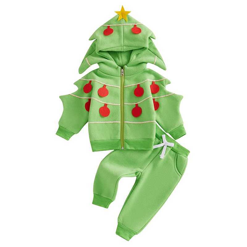 Pudcoco Baby Boys and Girls Autumn Clothing Christmas Tree Zipper Long Sleeve Hoodie Sportswear Elastic Pants 2-piece Set Preschool Clothing 1-6T W241