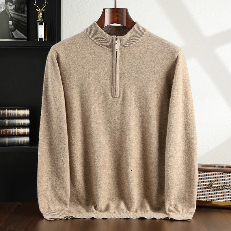 Autumn and Winter Collection 100% Cashmere Mens Casual Half Zipper High Collar Solid Color Sweater for Men 241213