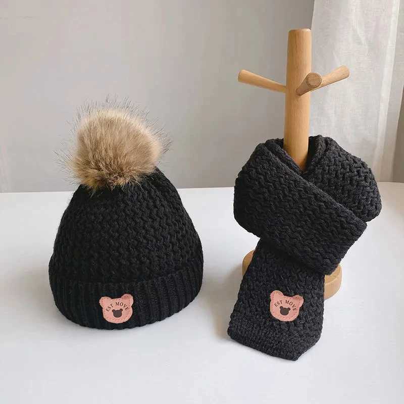 Plush Lining Baby Winter Hat Pompom Kids Beanie Scarf Fur Ball Bear Children Cap for Girls Boys Hats Thicken Infant AccessoriesXJ241213