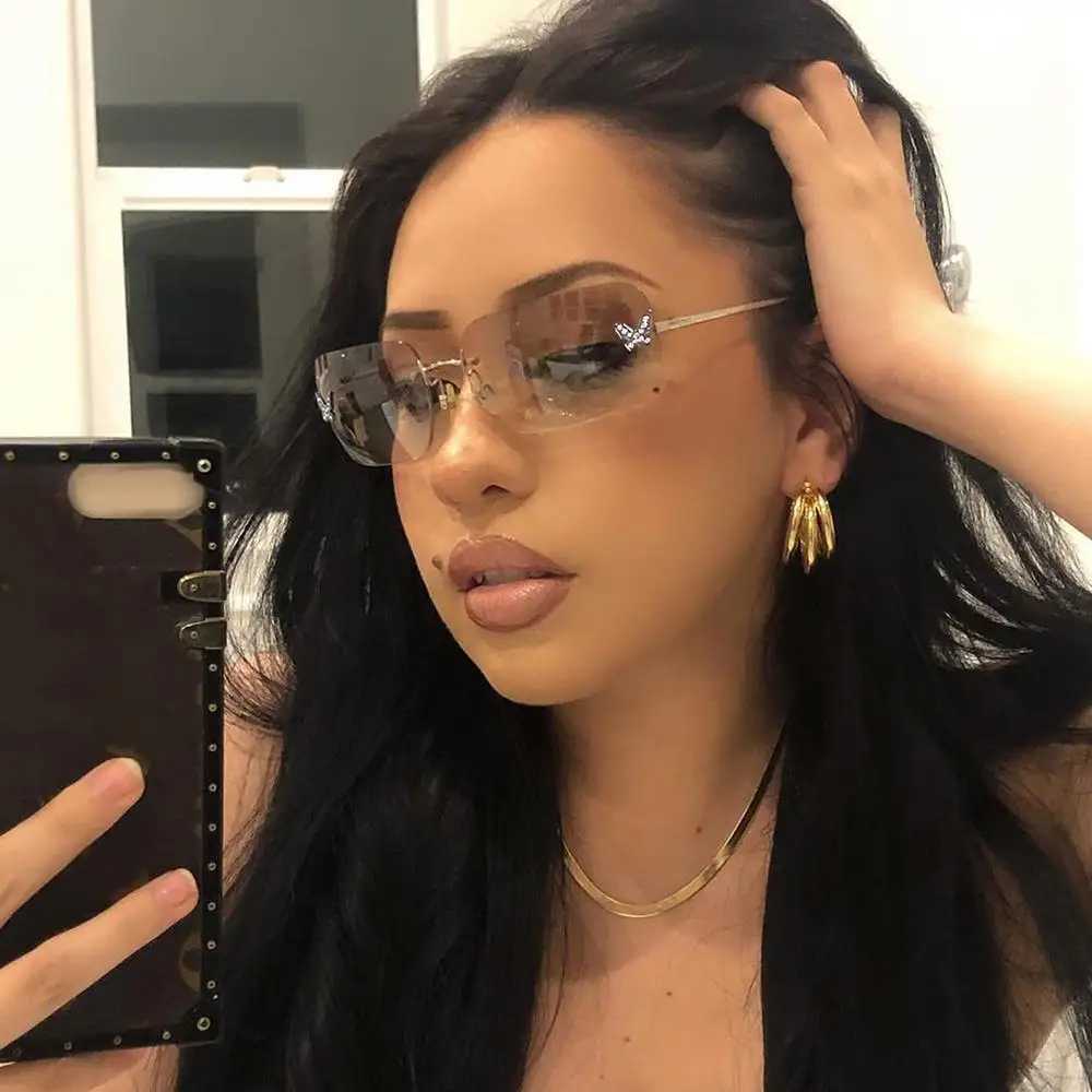 2023 Luxury Rhinestone Sunglasses for Women Y2K Retro Rimless Rectangle Sun Glasses Female Vintage Shades Travel Beach EyewearX241213