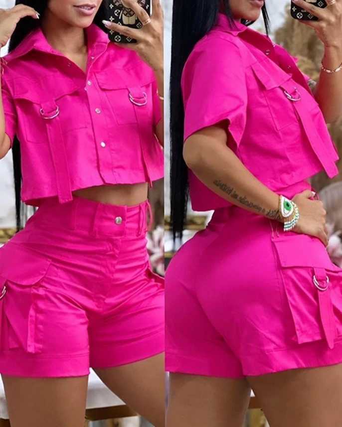 Women's Two Piece Pants 2Pcs for Women 2024 Summer Short Slve Turn-Down Collar Flap Detail Buttoned Crop Top Pocket Design Daily Vacation Shorts 