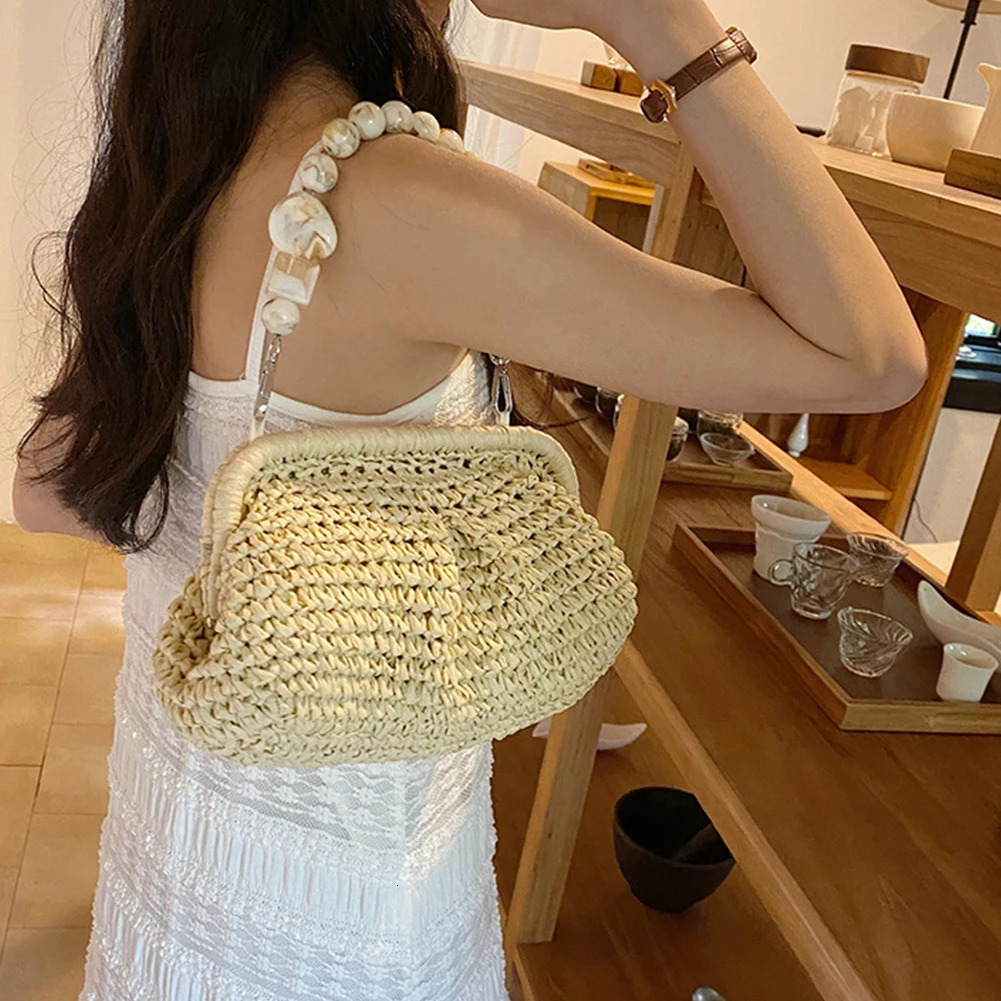 Women Straw Crossbody Bag Clutch Purse Weaving Shoulder Versatile Small Beading Handbag Rattan Boho Summer Beach Woven y250107